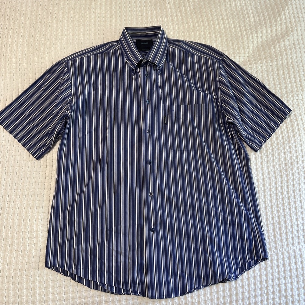 Faconnable Men's Short Sleeve Button-Up Shirt Blue Striped Size Large